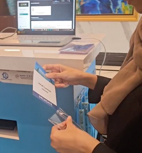 Name tag printed on the spot at a check-in kiosk
